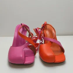 New Cross Strap Mixed Color Round Heel Sandals European American Runway Style Sexy Side Open Toe High-heeled Women's Shoes 43