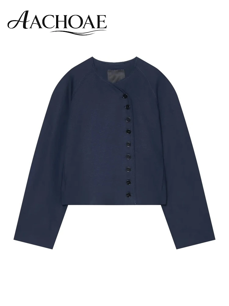 AACHOAE Women Collarless Cropped Blazer Round Neck Button Front Short Jacket Minimalist Loose Office Lady Casual Outerwear