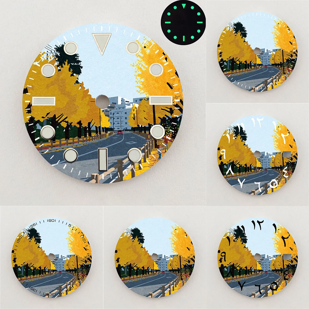 28.5mm NH35 Dial Autumn Ginkgo Tree City Street Dial Luminous Dial Colorful NH36 Dial Watch Accessories Fits NH35/NH36 Movement