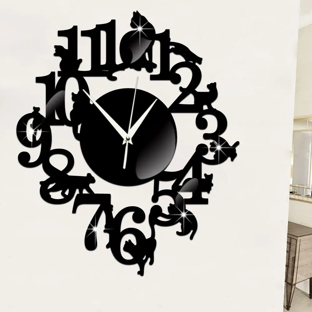 ABFU-Black Cat Wall Clock Hook Antique Indoor Wall Clock Scandinavian Clock Cute Cat (Black)