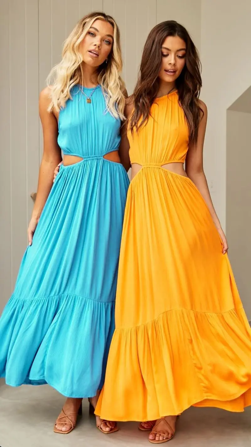 

New Arrival Elegant Style Womens Hanging Neck Fashion Solid Color Sexy Waistless Dresses Ladies Evening Party Fashion Prom Dress