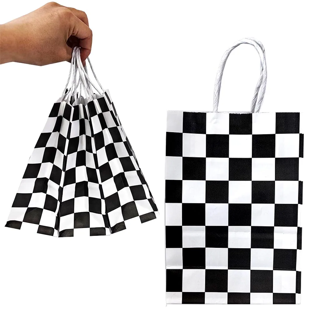 Checkered Racing Car Birthday Party Paper Bags with Handles Party Gift Bag Treat Candy Bags Racing Car Party Decoration 5-50pcs