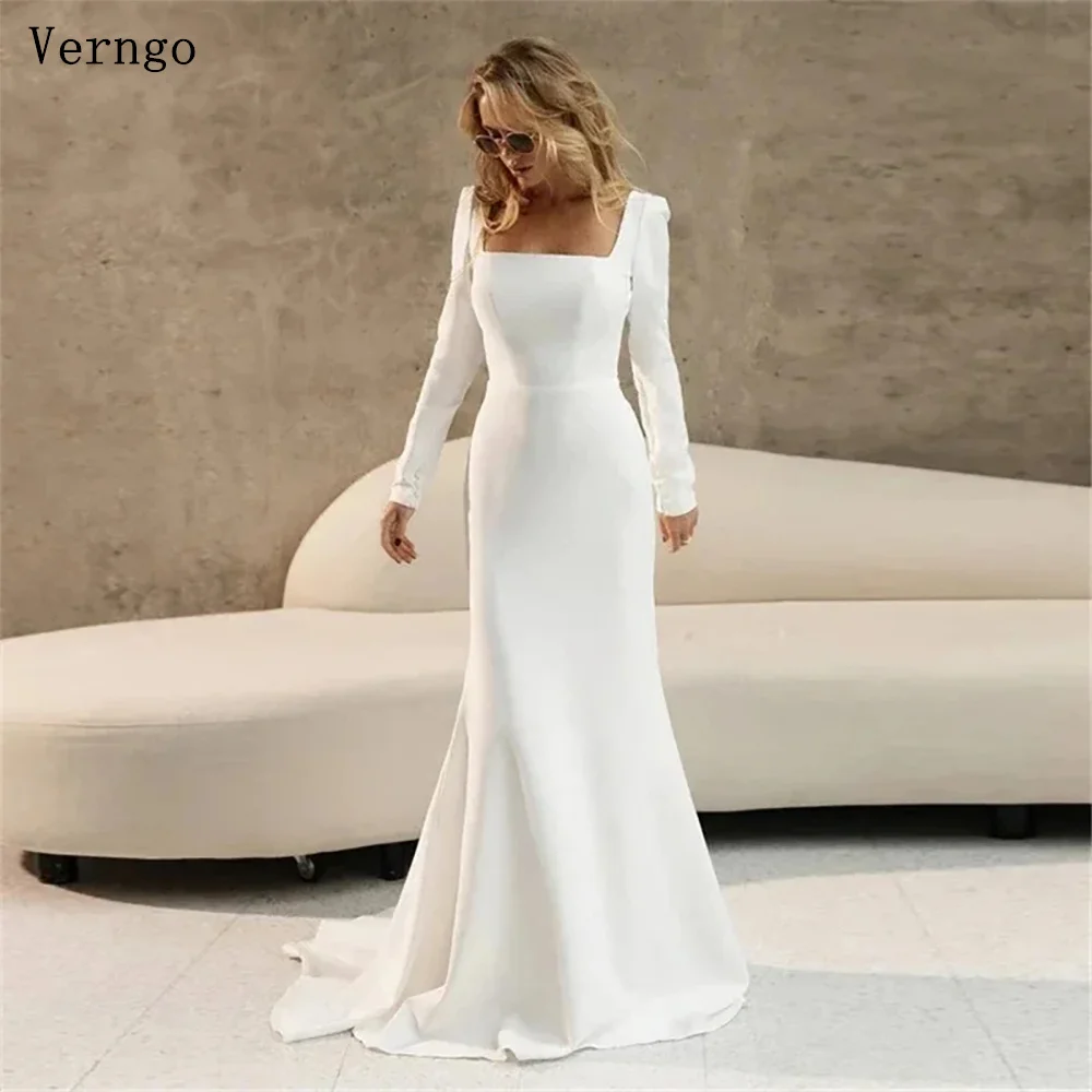 

Verngo lvory Crepe Wedding Dress Square Collar Full Sleeves Bridal Gown Simple Mermaid Formal Bride Dress