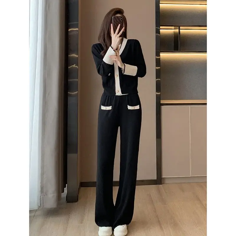 Women's Autumn Winter Knitwear Outfits Graceful Patchwork V-Neck Sweater Coat Wide Leg Pants Two Piece Sets Lady Casual Suits