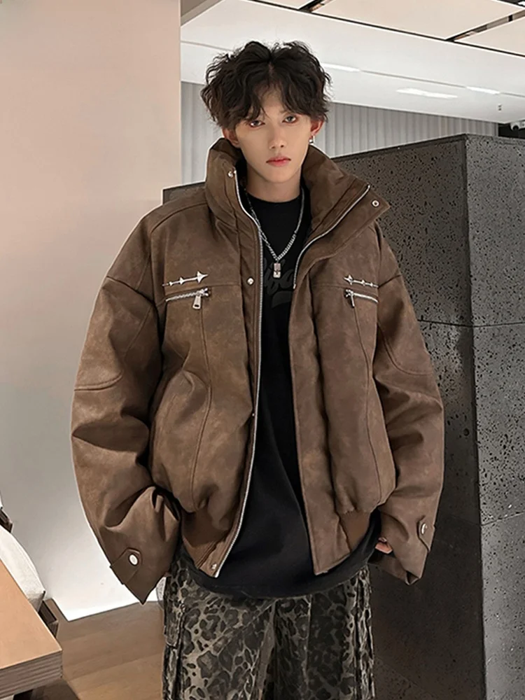 

Trendy Thiened Leather Jaet Men's Autumn Winter New Workwear Jaet Haome Cotton Clothes Loose Fit Zipper Decoration