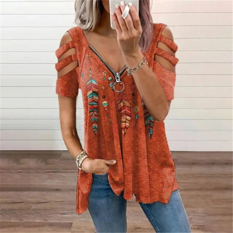 

New Summer Women Tops Zipper V-Neck Leopard Print Loose Casual T-Shirt Sexy Tee for Female