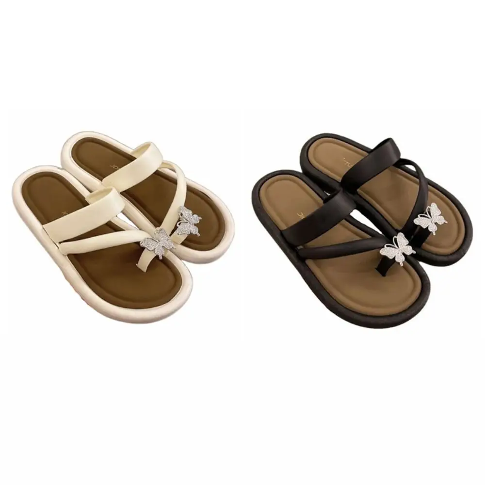 Comfortable Non-Slip Crystal Butterfly Flip Flops PVC Soft Sole Beach Toe Slippers Beachwear Shoes Flat Bottom Slippers Summer