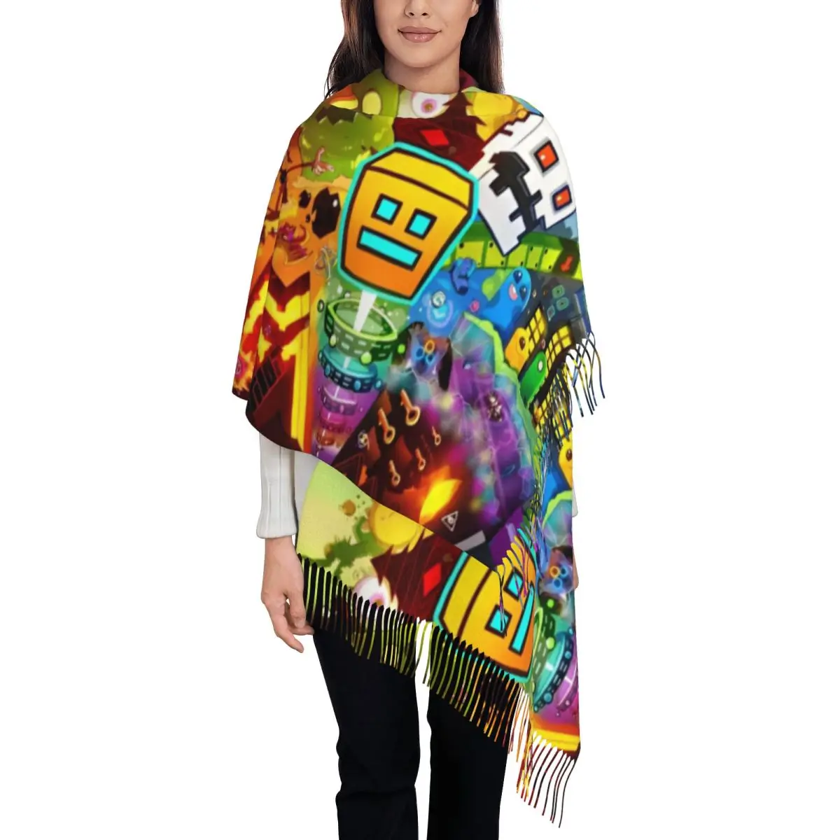 

Женский шарф с кисточками, игровая геометрия, большая зимне-осенняя шаль и накидка, кашемировый шарф с геометрическим рисунком Dash, подарки