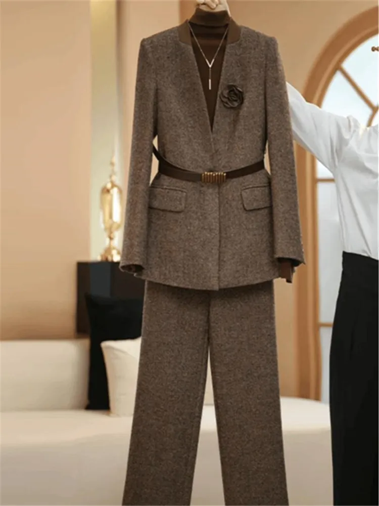 Veste de costume couleur café pour femmes, grande taille, haute qualité, vêtements d'extérieur de printemps, manteaux en laine à la mode, Blazer d'automne, Cardigan à ceinture