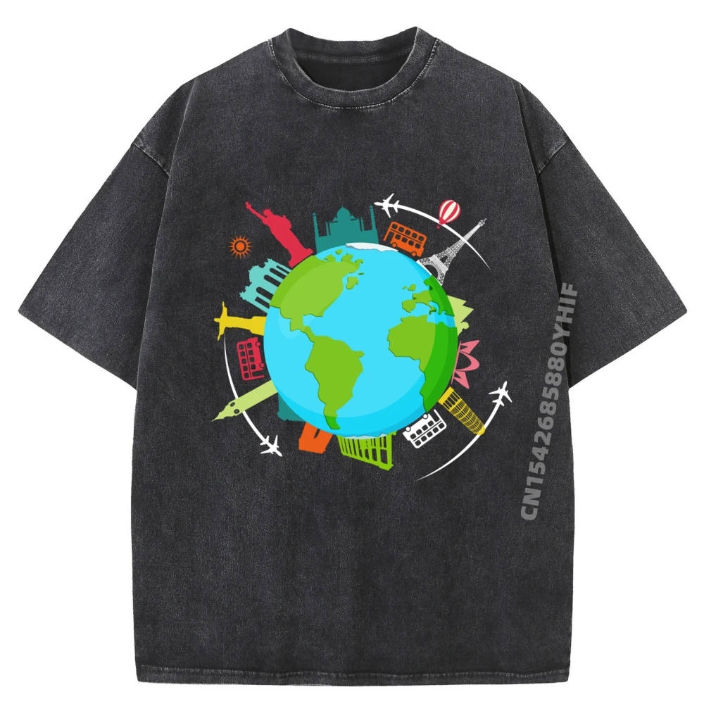 

Mens Tops & Tees Retro Washed T-shirts Mens T-shirt Man World Traveler International World Travel Graphic Tees