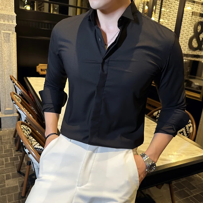 2023 New Men's Long sleeved Shirt Personalized Tastar Wing Neck Shirt Hidden Front Pippy Handsome Korean Fashion Casual Shirt