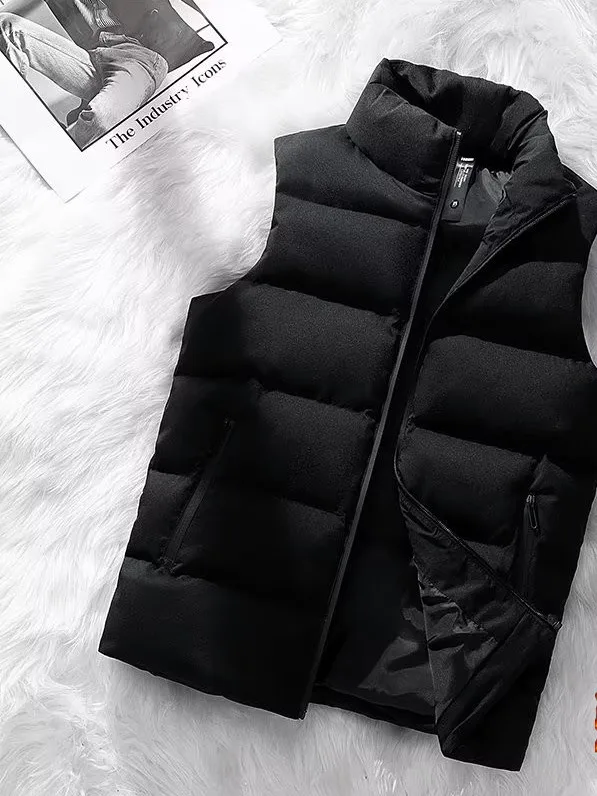 Men's Fashionable Stand Collar down Cotton Vest Thickened Warm Pure Color Jacket Zipper Decorated Standard Fit Casual Wear