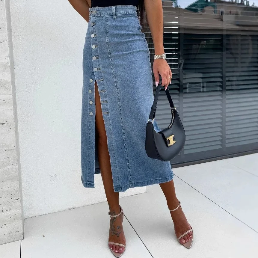 2026 Y2k Skirts Denim Women Long Skirt Single Breasted Irregular Split Stretch High Waist Distressed Washed Summer Streetwear