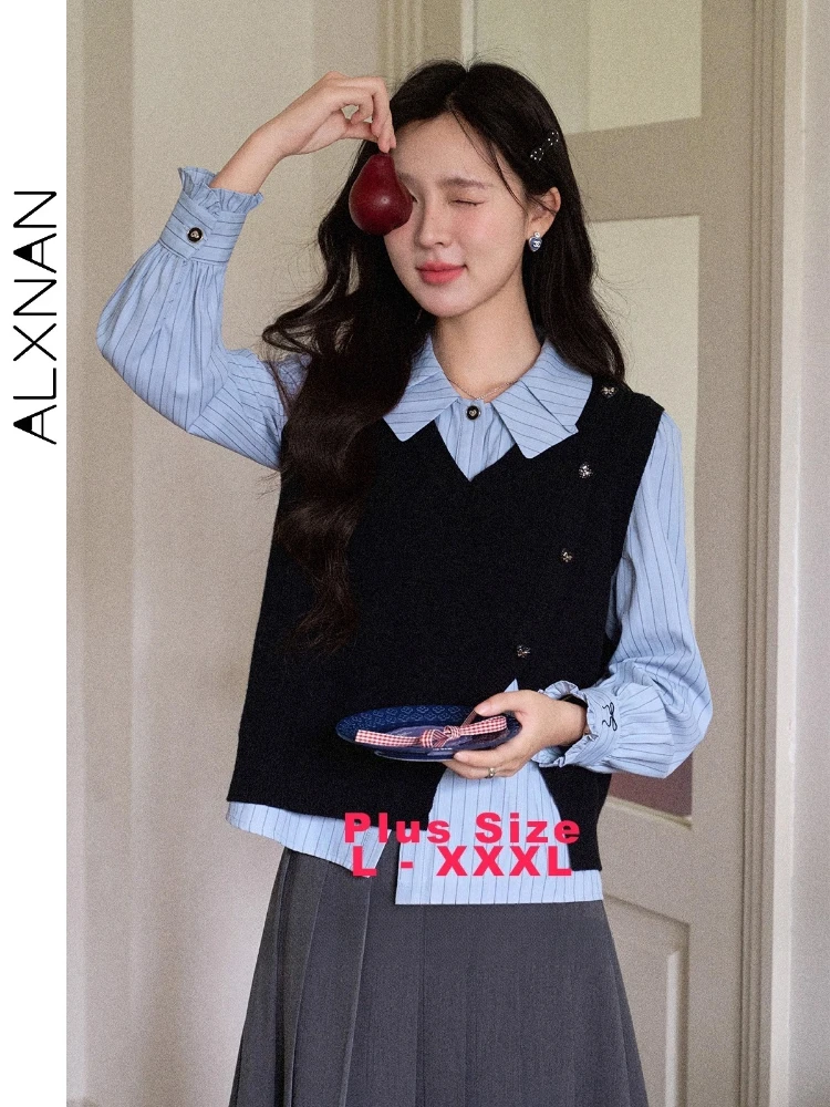 

ALXNAN Plus Size Women's Black Vest V-Neck Irregular Hem Asymmetric Button Front Autumn New Versatile Short Waistcoat D12526