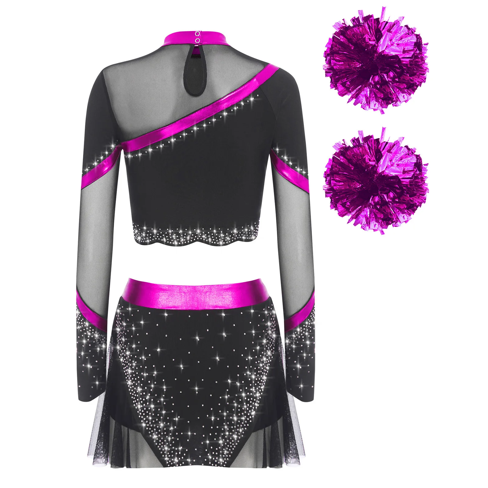 Tenues de pom-pom girl pour femmes, haut court à paillettes à manches longues avec jupe de danse et ensemble de fleurs à la main, Costume de spectacle de pom-pom girl
