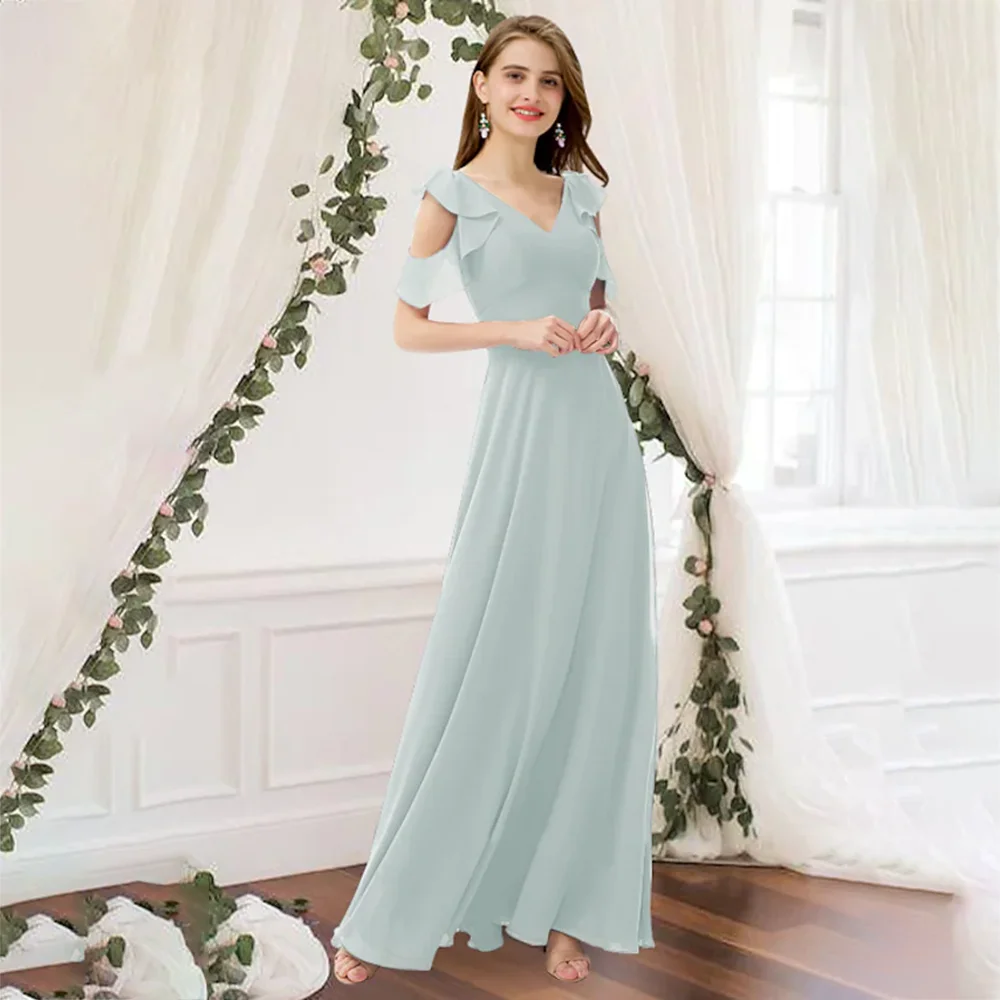 

UETEEY Mint Green A-Line Bridesmaid Dress Ruffles Sleevels 2022 Elegant Floor Length Chiffon Wedding Party Gowns