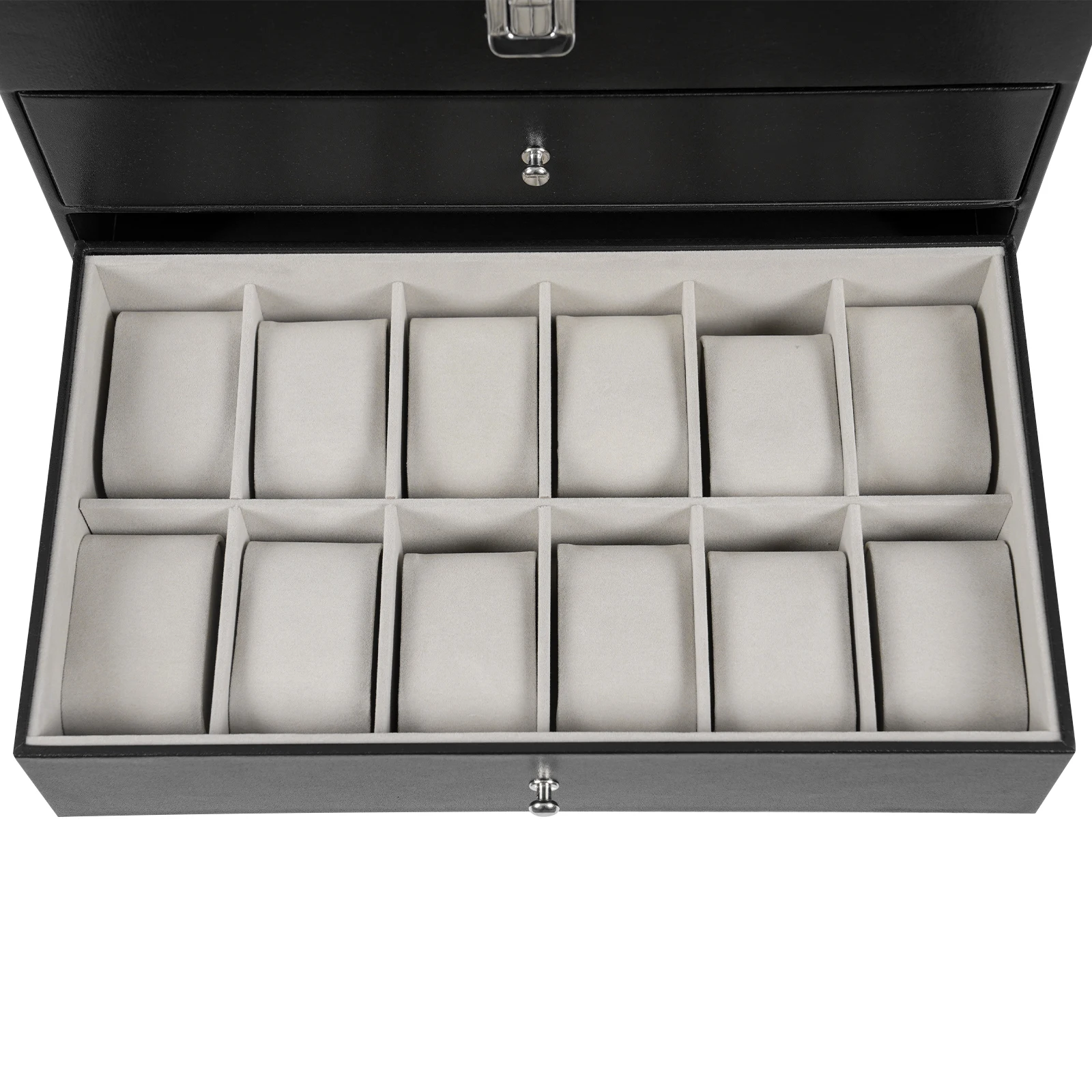 Schmuck-Aufbewahrungsbox mit 3 Ebenen, 12-Fach-Brillenetui + 12-Fach-Uhren-Organizer mit Glasschutzfächern für Zuhause – Detail 7