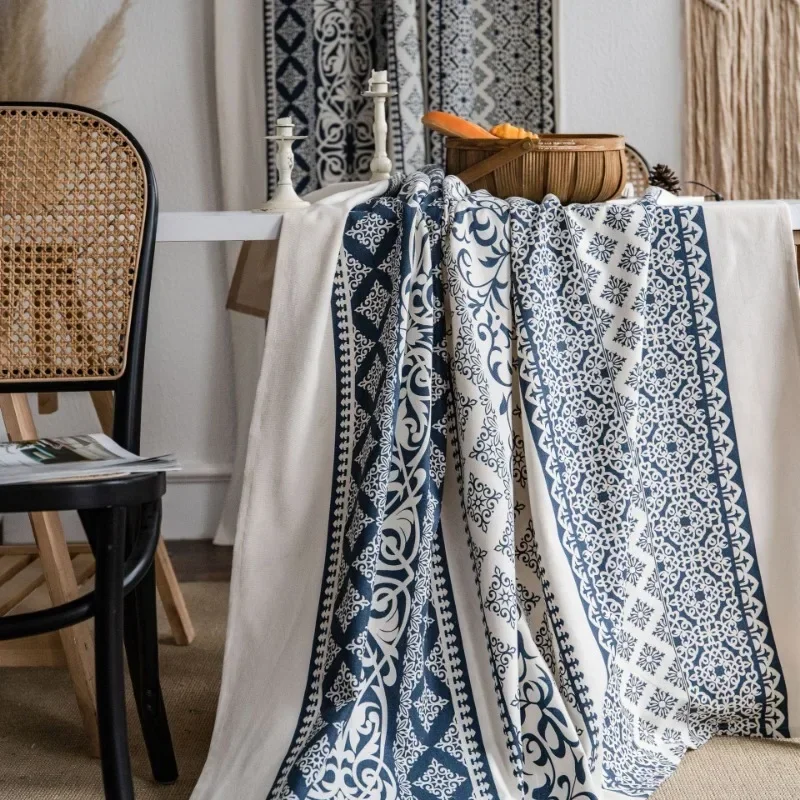 Japan Cotton Linen Tablecloth Blue Stripes Pure Plaid Embroidered Rectangular Christmas Table Cloth Thickened Cover for Banquet