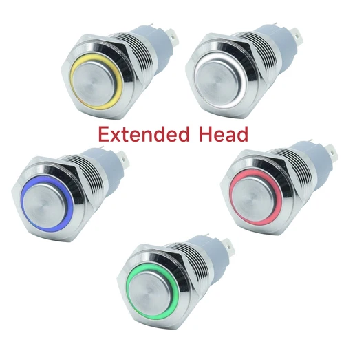 Interruptor de botón de metal con cabezal extendido, luz LED de encendido y apagado, círculo impermeable, 3v, 6v, 12v, 24v, 110v, 220v, ip65, 12mm, 16mm, 19mm, 22mm