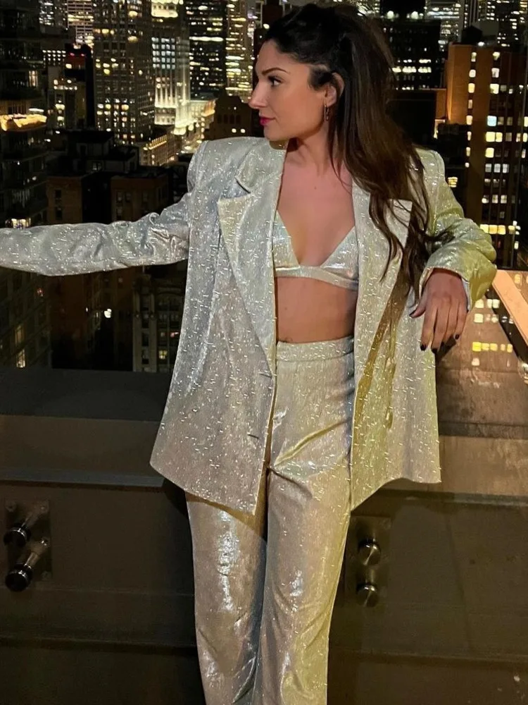 Mozision Fashion Sparkly Long Pants Sets Women Long Sleeve Blazer And Trousers Ladies Elegant Casual Sequins Blazer Sets