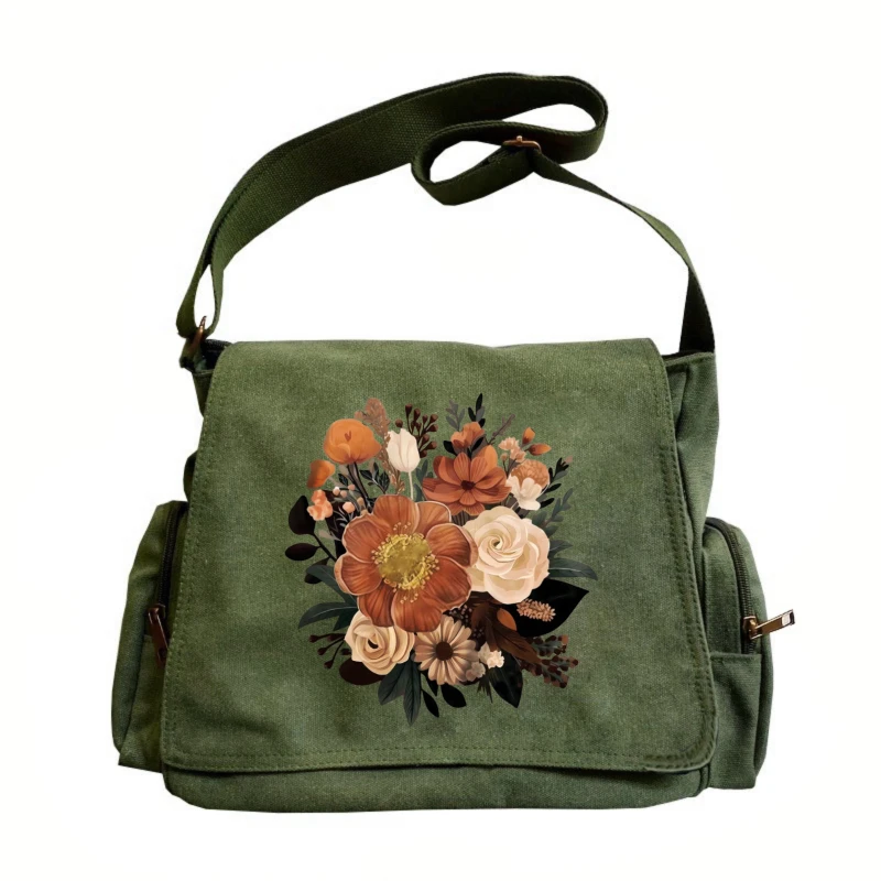 

Vintage Women Shoulder Bag Canvas Floral Print Large Capacity Multiple Pockets Daily Travel Messenger Bag
