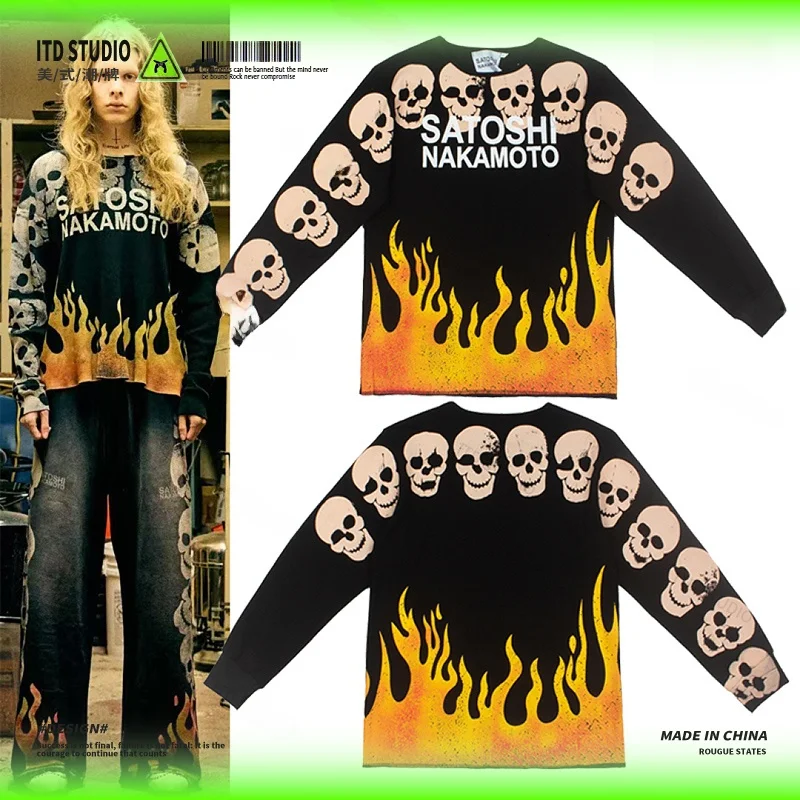 Retro Vintage Long Sleeve T-Shirt Printed Distressed Fire Skull Loose Fit Hip Hop Streetwear Casual Cotton round Neck Tee