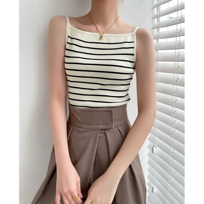 

Summer Stripe Women Cropped Tank Top Sexy Backless Sleeveless Slim Slash Neck Short Knit Camis Chic Fashion Classic Tops