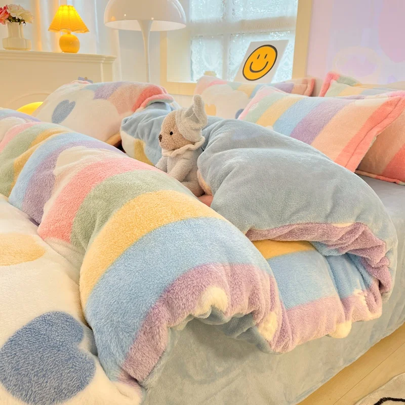 

Luxury Autumn Winter Warm Thick Bedding Set Plush Kawaii Mink Velvet Queen Duvet Cover Set with Sheets Single Double Pillowcases