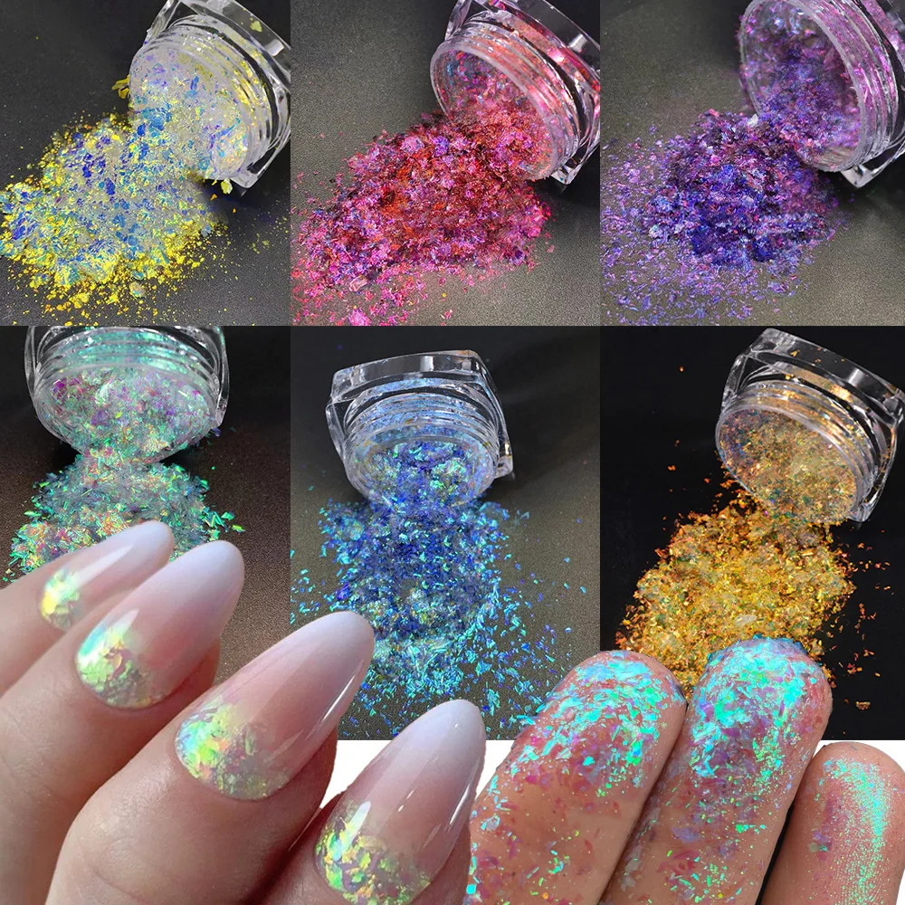 1 กล่อง Bright Chameleon Aurora โอปอลเล็บสีฟ้า,สีชมพู,สีม่วง Mermaid Holographic เล็บ Glitter Flakes นีออนเล็บ Charm # 0.1