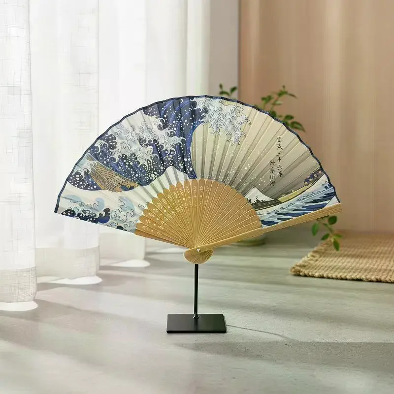 Japanese Style Bamboo Folding Fan Handheld Folding Fan With Waves Sashimi Prints Great Prop For Photos
