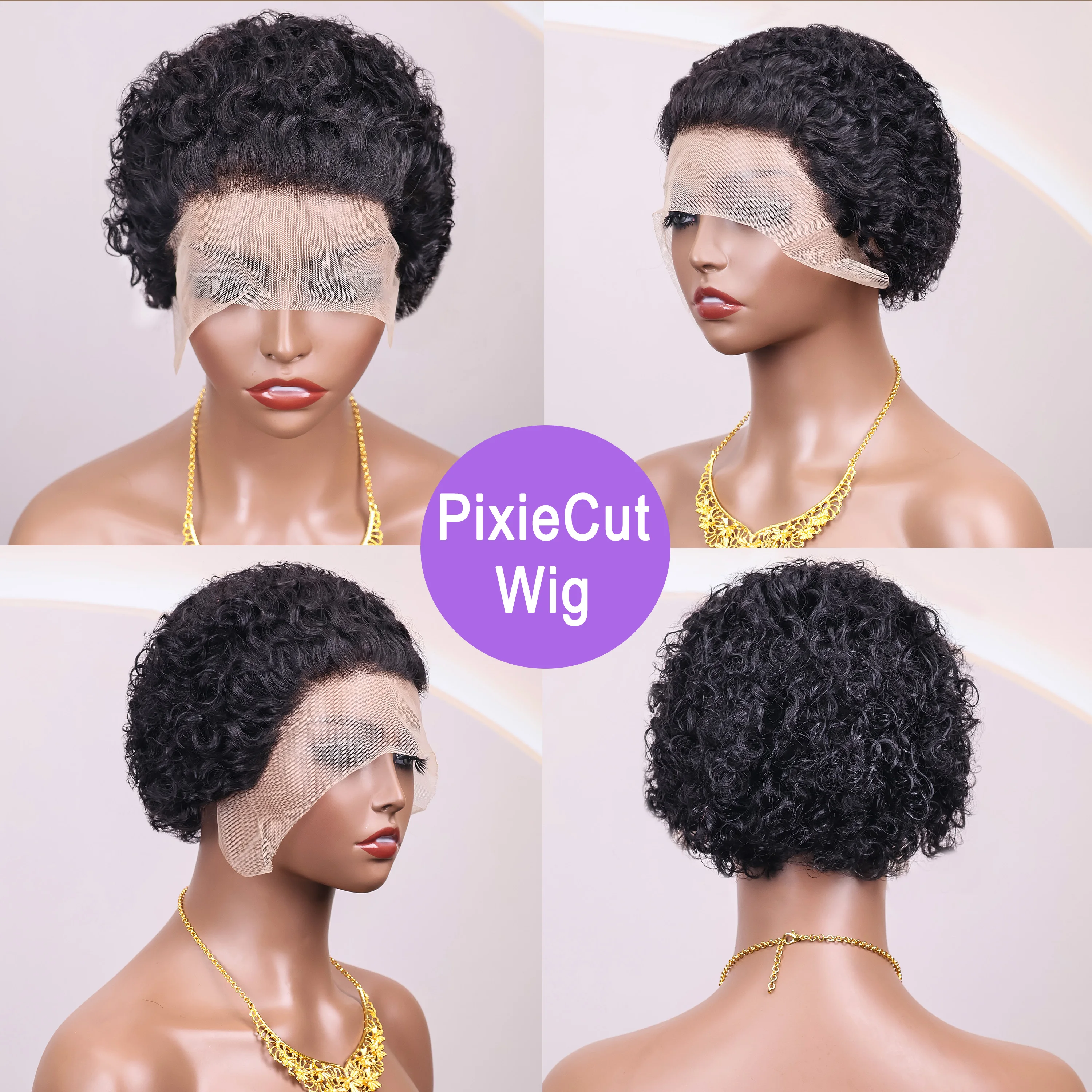 실제 인간의 머리카락 픽시 가발 13x1 투명 레이스 가발 인간의 머리카락 짧은 픽시 컷 가발(흑인 여성용) 곱슬머리 가발