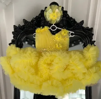 Flauschige Blumen mädchen Kleider Applikationen Rüschen Kleinkind Geburtstags feier Prinzessin Ballkleid Kind Größe 12m 24m mit Schleife