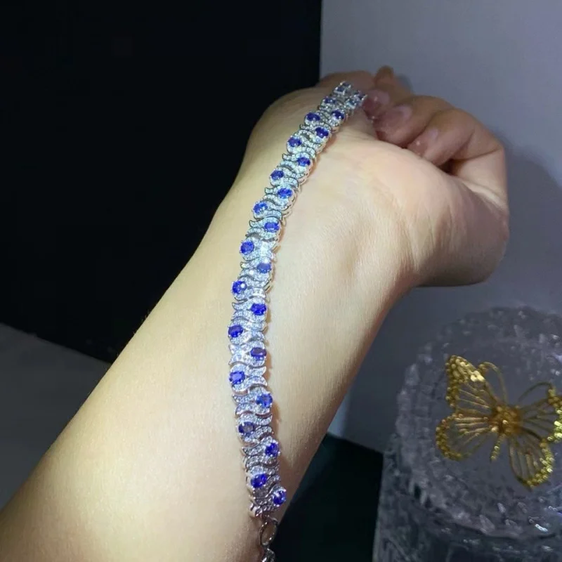 New S925 Silver Platinum Plated Inlaid Natural Sapphire Bracelet 3x4mm Women