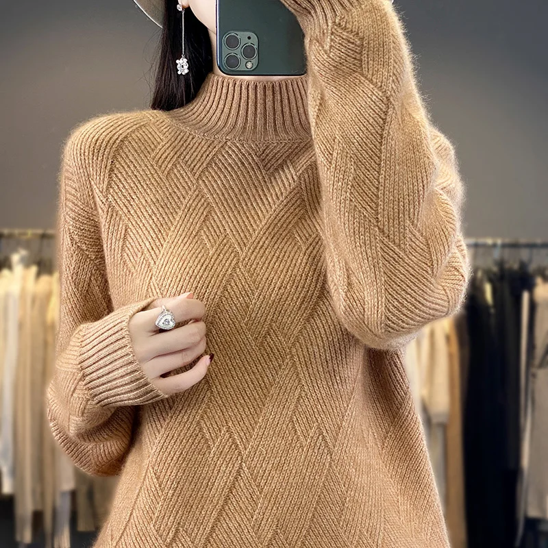 100% Wool Turtleneck Sweater Women Fashion Mat Solid Autumn Winter New Casual Loose Tops Knitted Long Sleeve Female Pullover