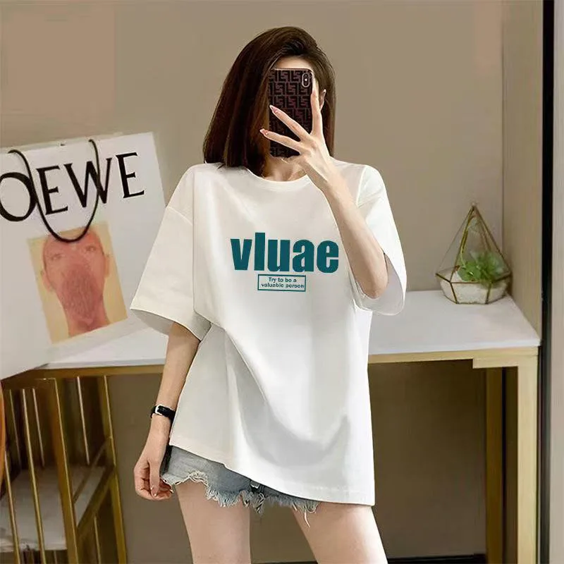 

European and American Casual Style American Letter Print Summer New Short Sleeve t Shirt Women's Round Neck Loose Lazy Top