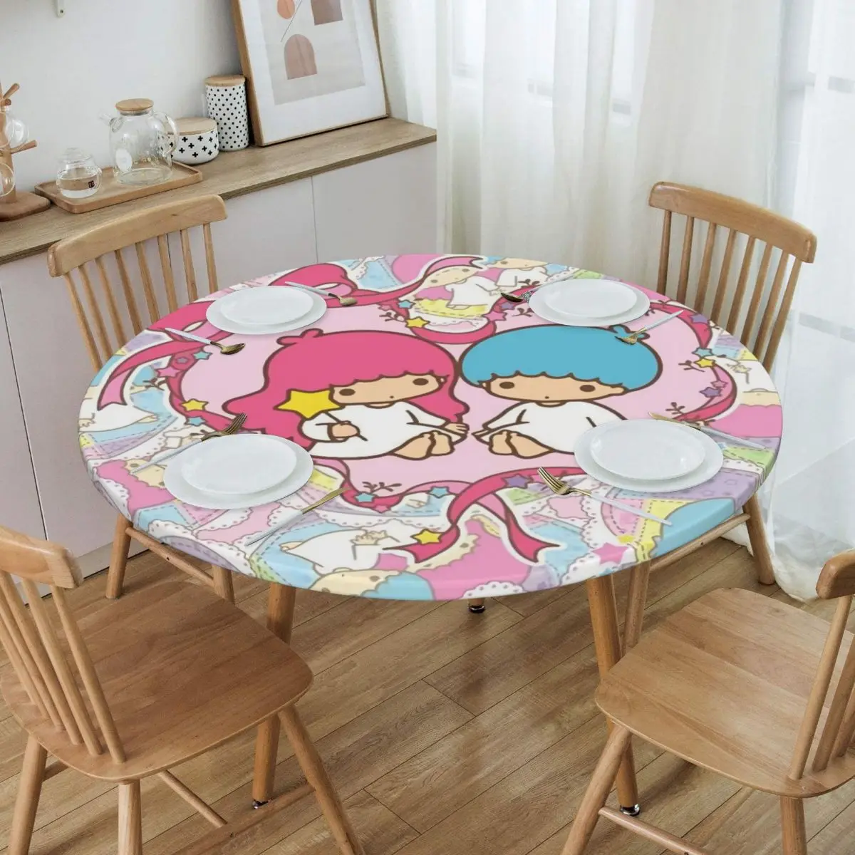 Round Little Twin Stars Sanrio Cartoon Kiki Lala Table Cover Elastic Fitted Table Cloth Backing Edge Tablecloth for Picnic
