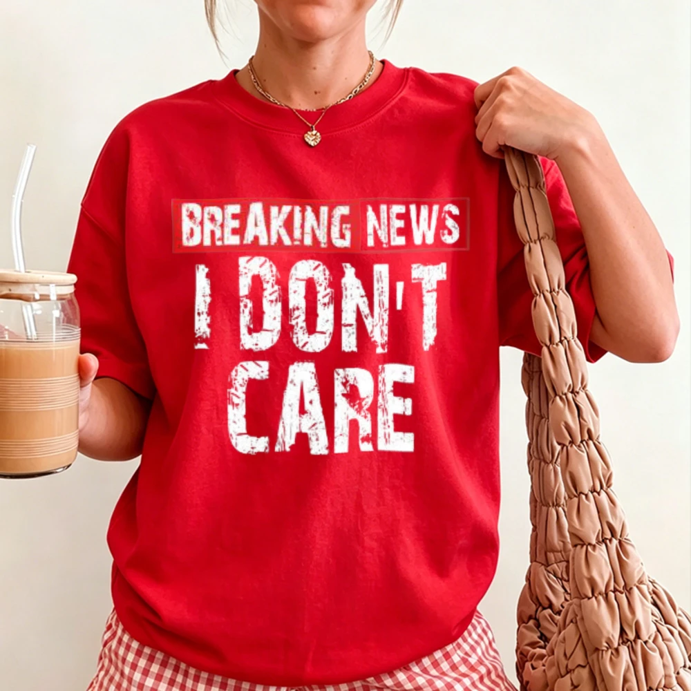 Breaking News I Don't Care Graphic T-shirt Distressed Vintage Letter Slogan Print Short Sleeve Tee Funny Statement Casual Daily