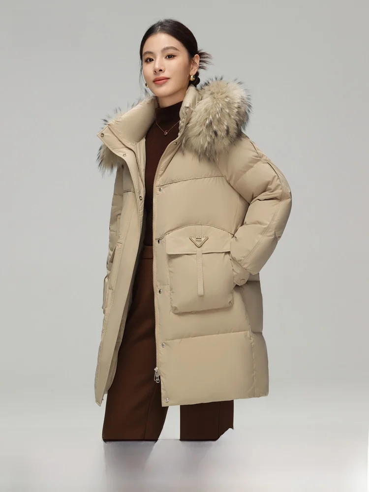 

Snow Flng 2026 Spring New Women's Mid-Length down Jaet Hooded Raccoon Fur Collar Warm Versatile Casual Du down Filling