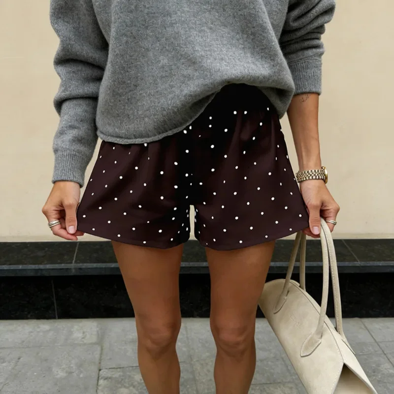 Satin Polka Dot High Waist Wide Leg Shorts A Line Loose Casual Summer French Style White Women Hotpants Beach Vacation Outfits