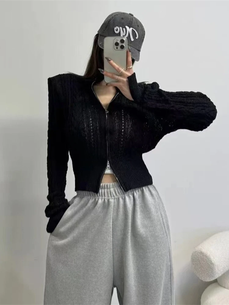 

Fall Winter New Solid Color Knit Coat Casual Long Sleeve Women's Zipper Sweater Temperament Stand Collar Slim Hollow Out Jumpers