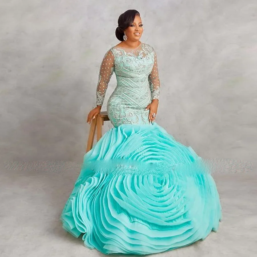 Aqua Blue Prom Dresses Blossom Applique Formal Gowns vestidos de fiesta Elegant Long Sleeves Evening Dress Beading Organza