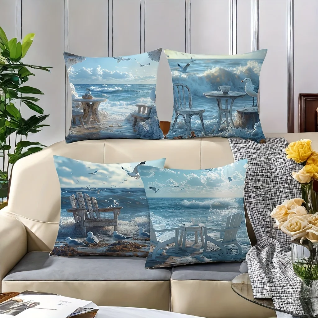 Coastal Ocean View Pillowcase Cushion Cover Nautical Beach Seaside Decor Throw Pillow Summer Vacation Art Home Decor Accent for