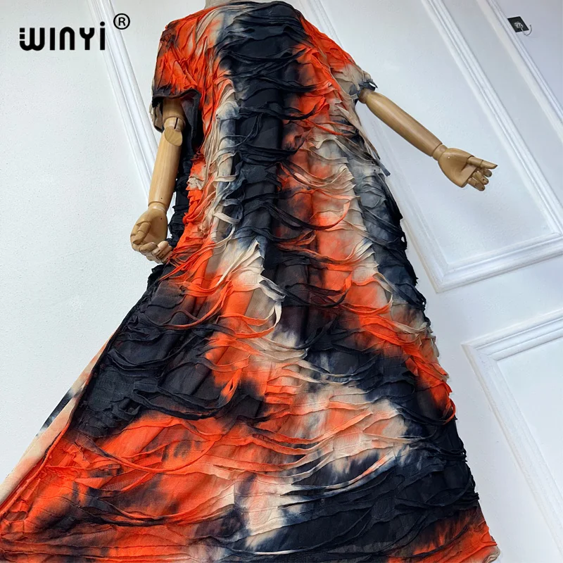 WINYI new tie-dye print summer Deep High fork sexy dress Elegant Floor-sweeping evening dress Women Beachwear kaftan