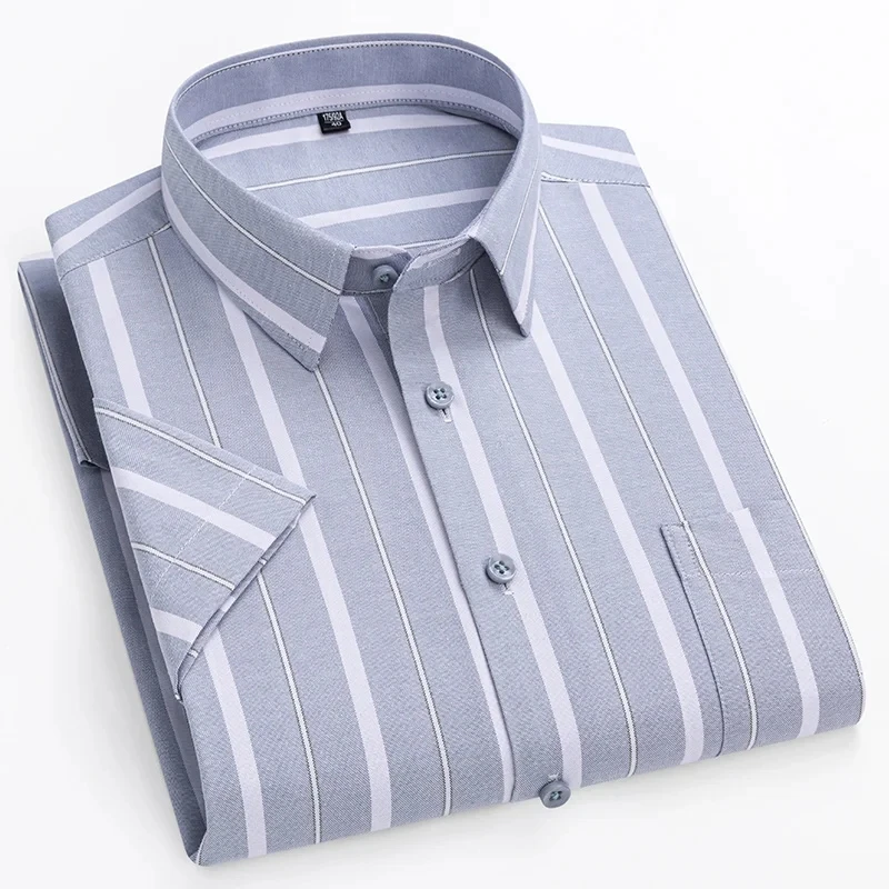 Qualità 100% puro cotone Oxford camicia a righe da uomo maniche corte Regular Fit uomo tasca Casual camicia per il tempo libero camicetta maschile