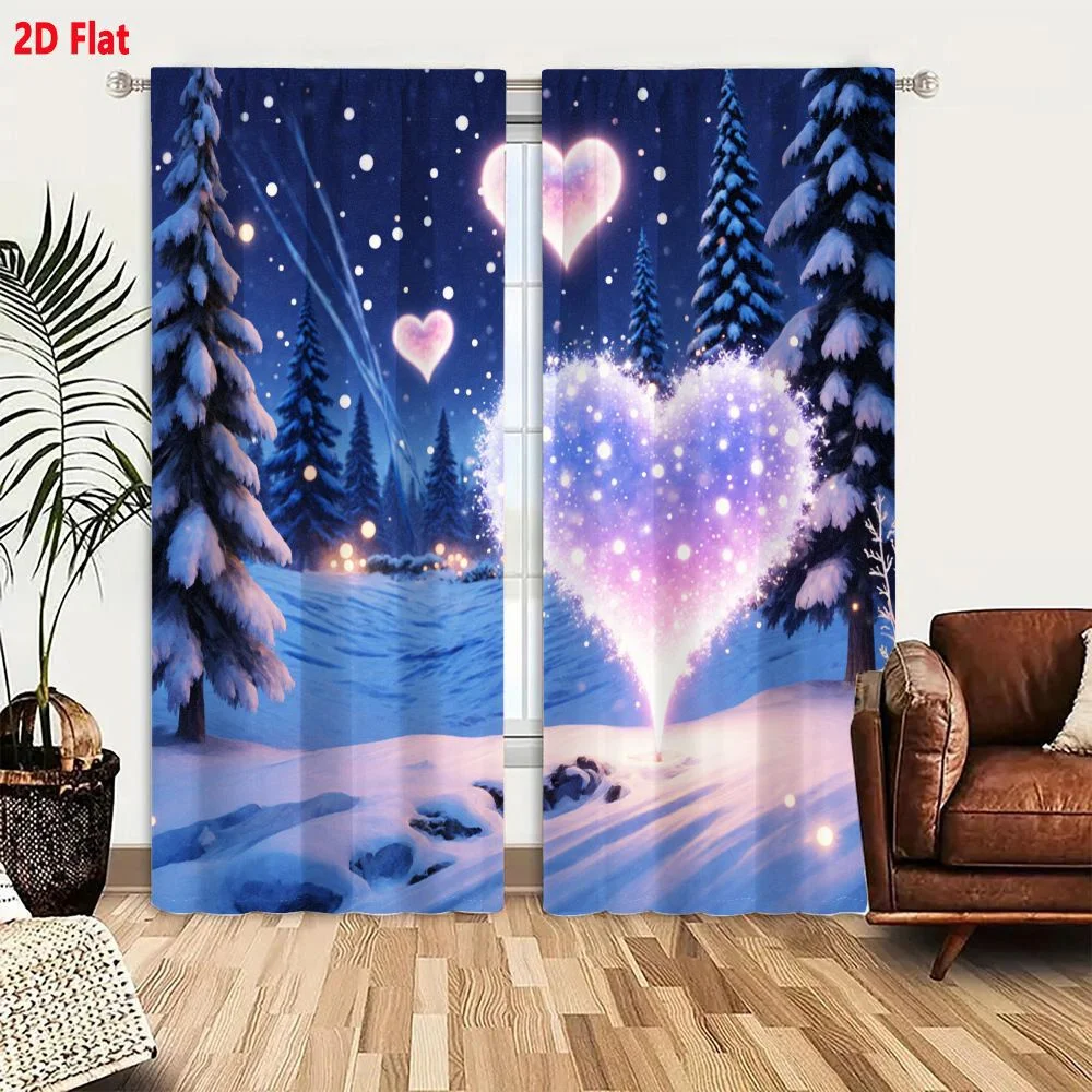 2Pcs Curtains 2D Flat Serene Winter Night Landscape With Snowy Evergreen Trees Glowing Hearts And Starry Sky Window Drapes for B