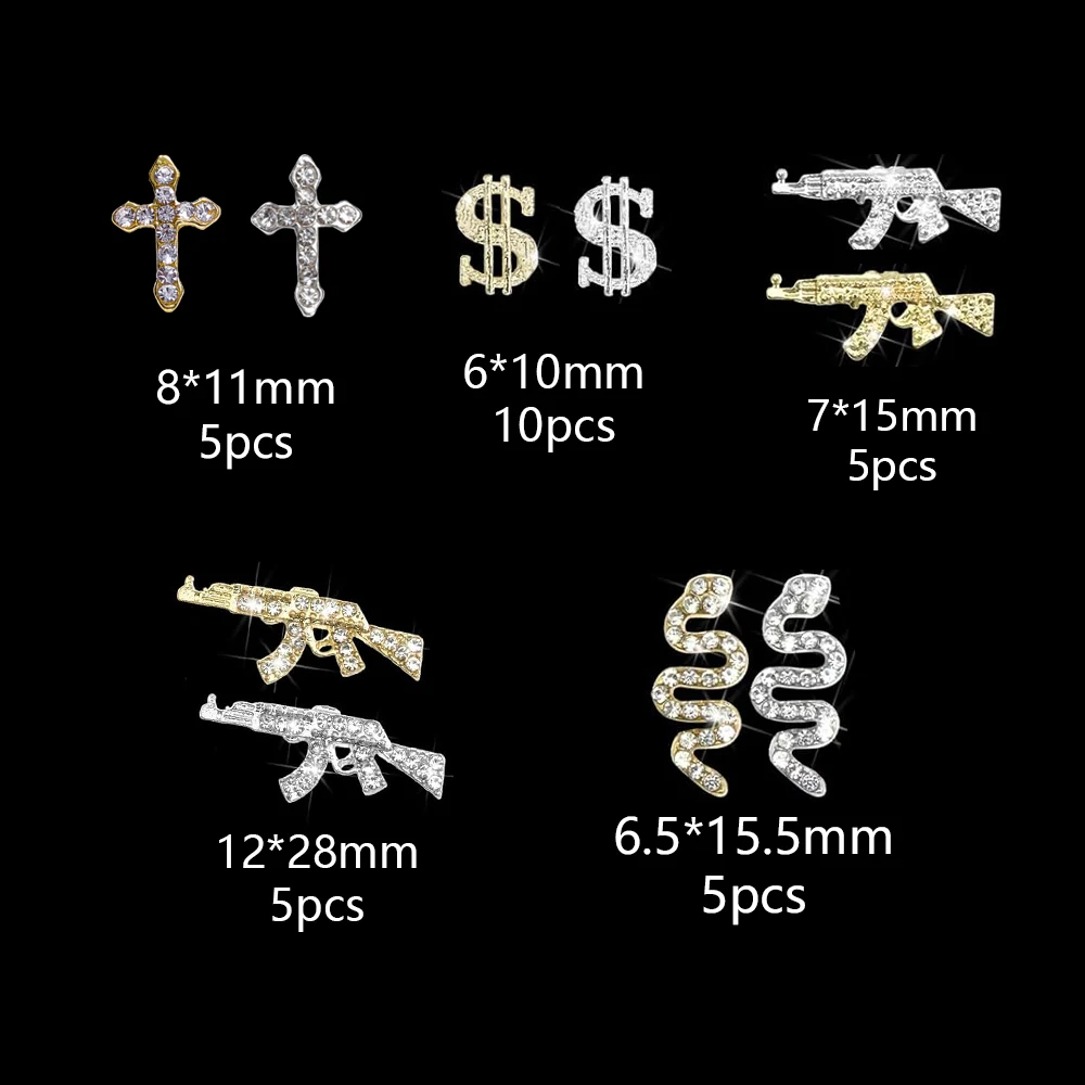 60PCS Gun Nail Charms 3D Cross Nail Art Jewelry Gold Dollar Sign Charms for Nails Multi Style Nail Gems for Women Manicure Snake