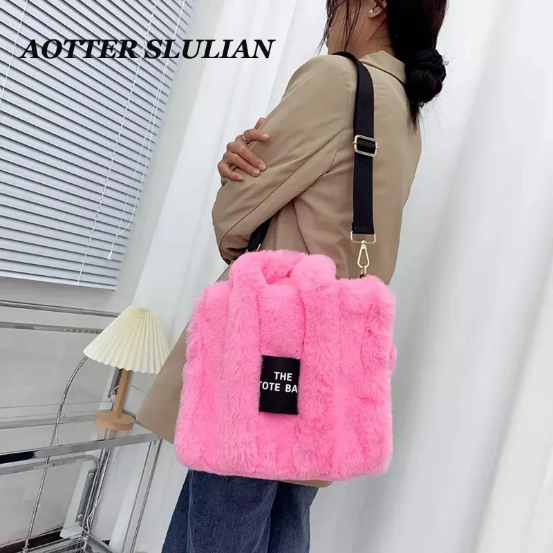 Winter Faux Fur Crossbody Bags Women Solid Color Soft Plush Shoulder Bolsos Female Large Capacity Handbags Big Shopper Purses