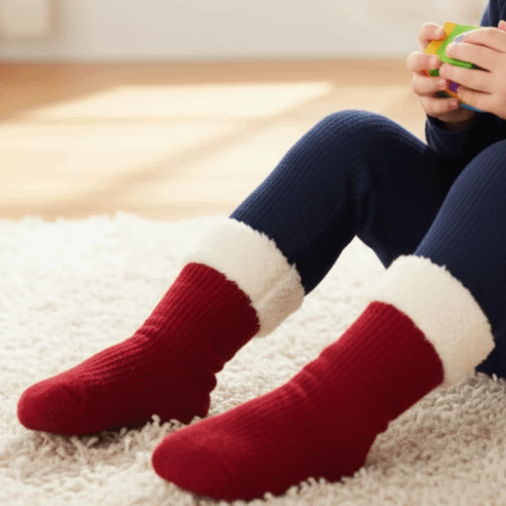 

Festive Soft New Year Infant Socks Middle Tube Warm Red Socks Stripe Ball Thickened Velvet Toddler Socks Celebration
