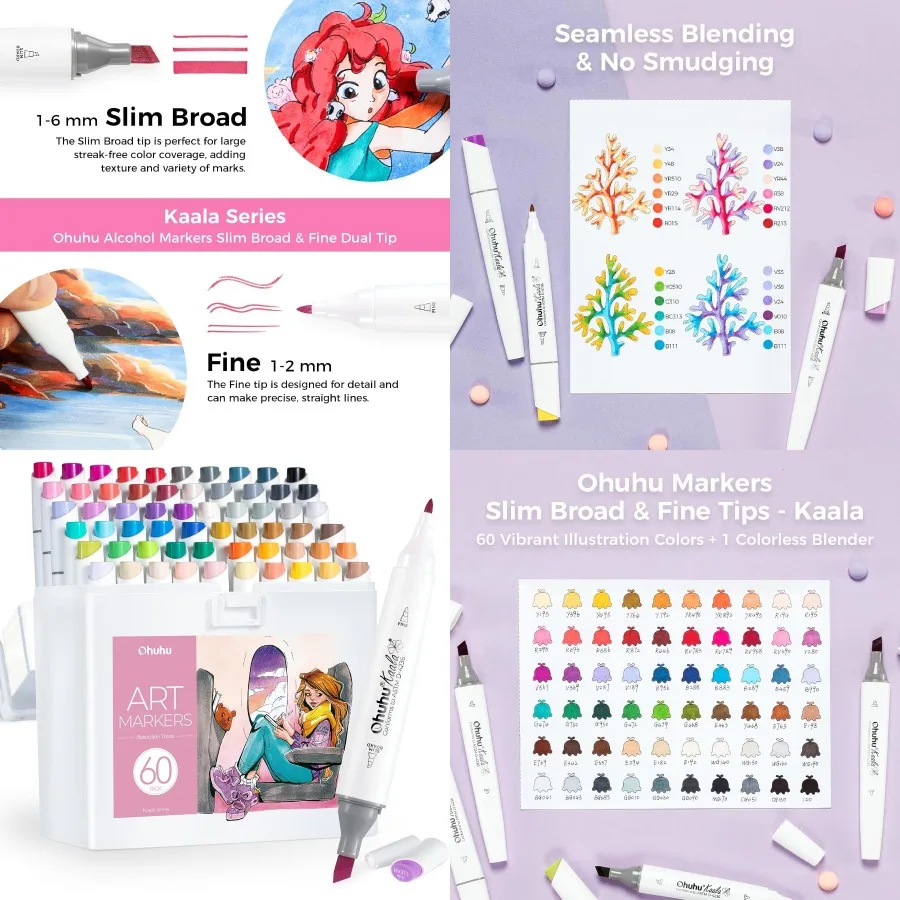 

Спиртовые маркеры Ohuhu: 60 цветов, тонкий, широкий и тонкий маркер Kaala с двойным наконечником для художников, взрослых, раскраска, рисунок, мультфильм Ani