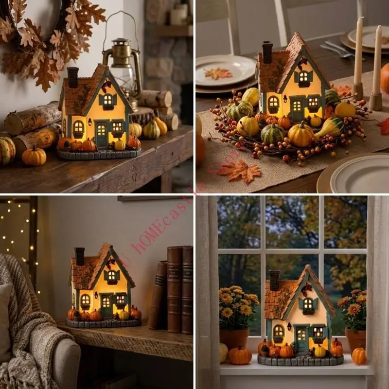63HF Autumn Cottage Figurine with Pumpkins and Lighted Window, Resin Mini Village House Decors for Living Room Table, Entryway